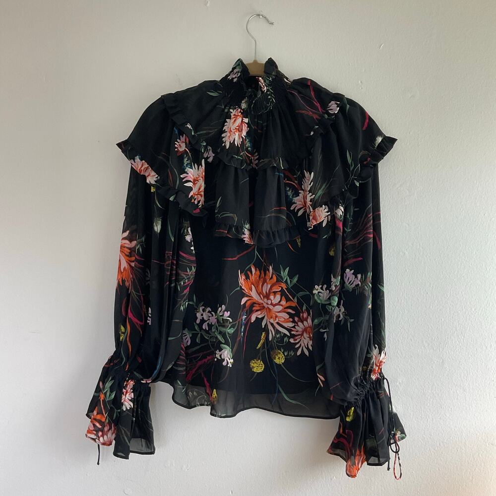 H&M Floral Ruffle Chiffon Blouse Black Sheer  Romantic Boho Top Size S - Picture 3 of 7
